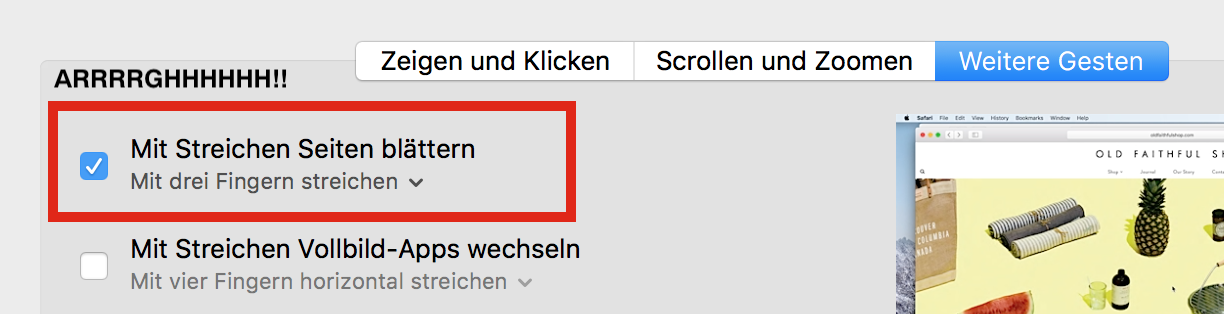 osx system settings for three finger swipes